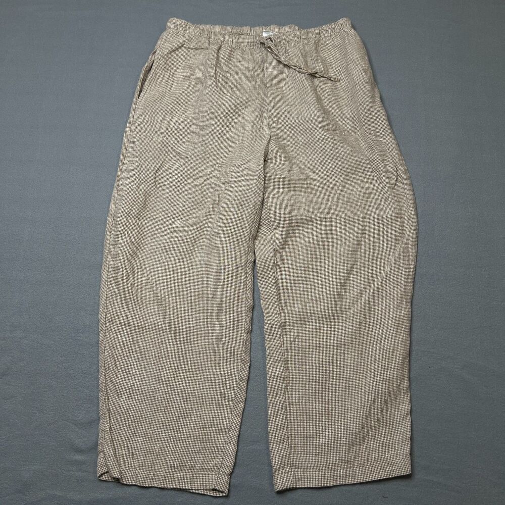 Orvis Pants Women L Beige Houndstooth Linen Wide Leg Made in USA Drawstring